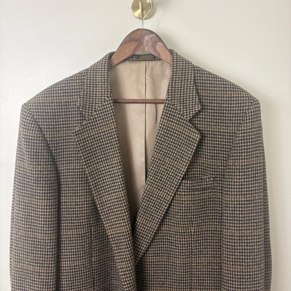 Stafford Blazer Men46L Tan Black Houndstooth Plaid Sport Coat 2B Wool Camel Hair